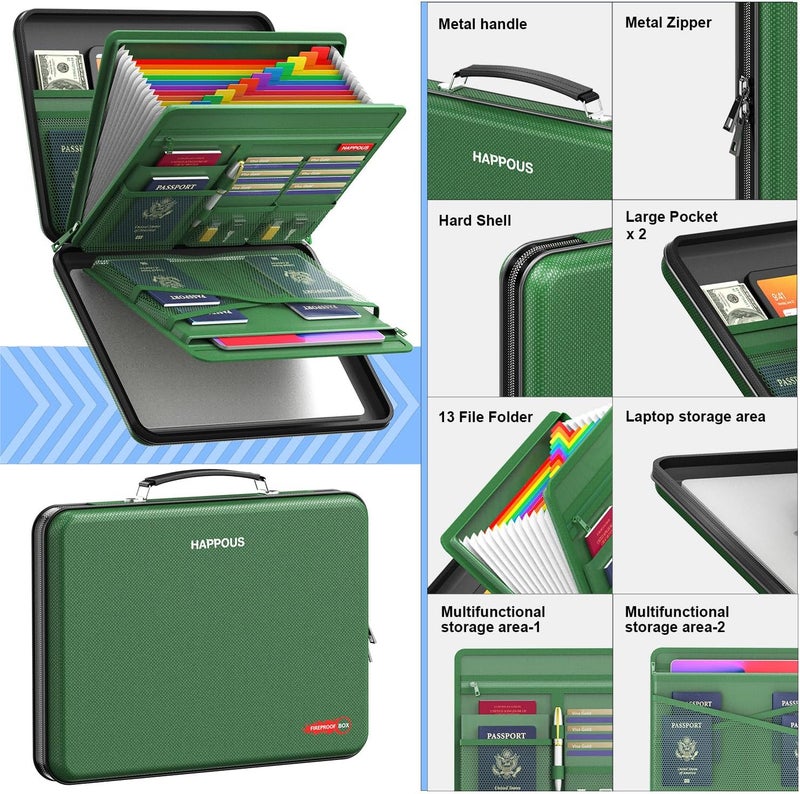 HAPPOUS Fireproof Document Box, Expanding File Organizer with 13 Pockets, Portable Fireproof File Box Hard-Shell Document Organizer Storage for Documents Laptop Passports Cards Green - Image 4